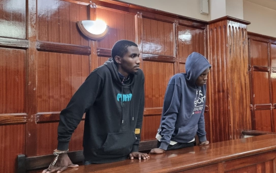 Ian Osoro Morara and Kevin Nyakwama Nyabuti when they faced abduction charges at a Milimani court in Nairobi. They denied the charges and released on bond of KSH 100,000. PHOTO/Kibochi Karanja.